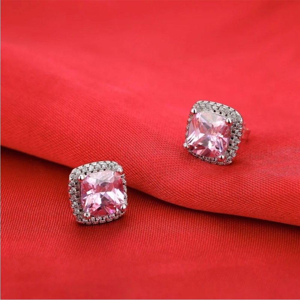 NEW 925 Silver Cushion Pink Sapphire Halo Studs - Picture 3 of 4